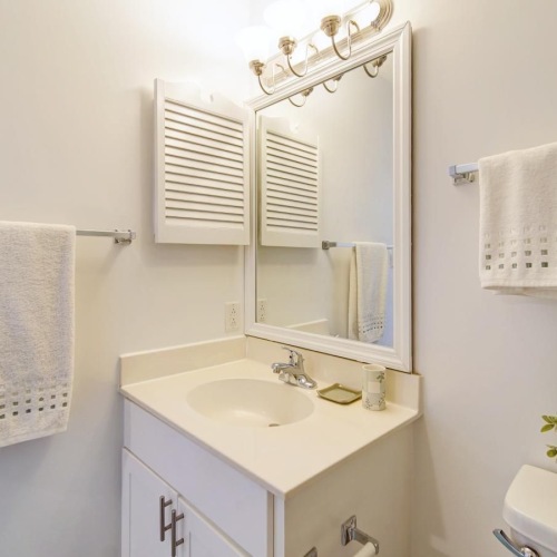 a bathroom with a mirror and sink