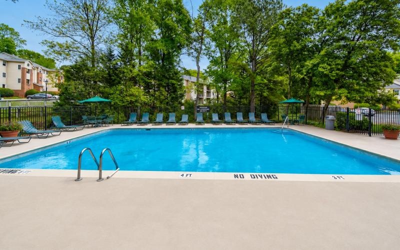 a swimming pool with trees in the background