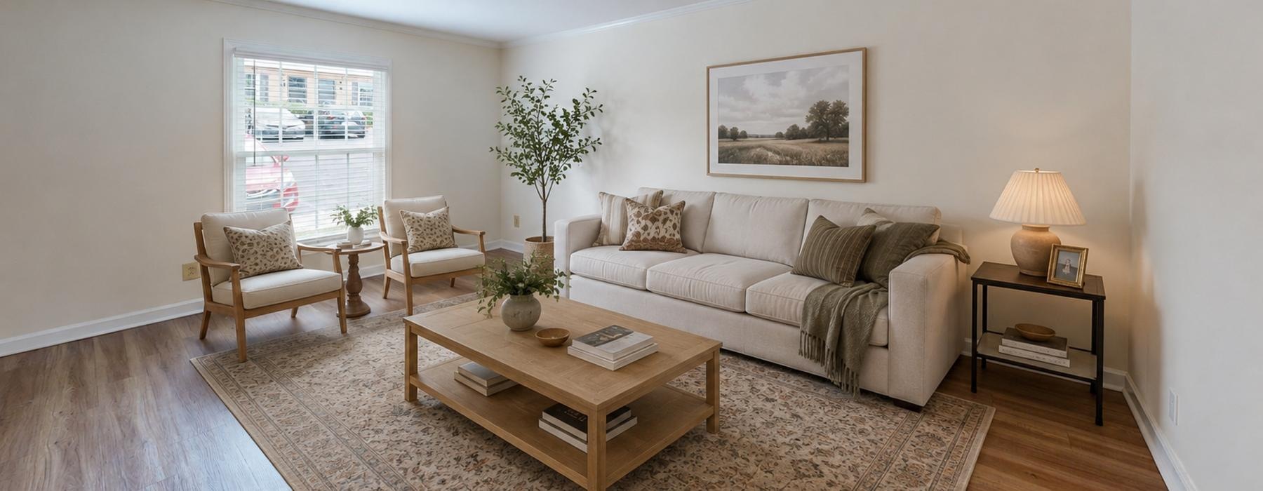 a living room with a couch and coffee table