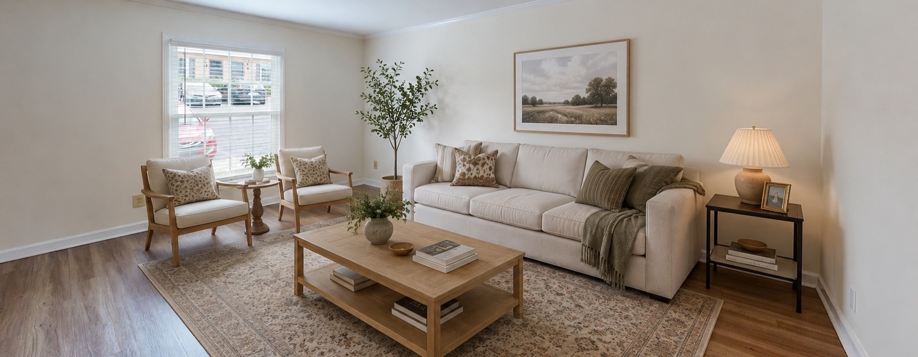 a living room with a couch and coffee table